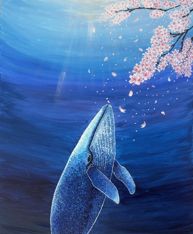 Acrylic painting of a whale rising through blue water toward a branch of pink cherry blossoms, with petals drifting down